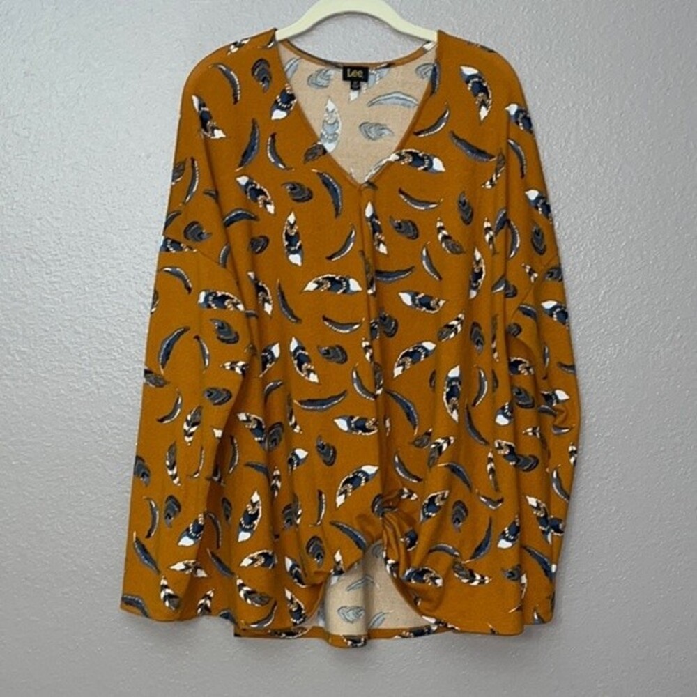 Lee Womans sweater Mustard Yellow Feather Print Knot Front Long Sleeve Top 3X